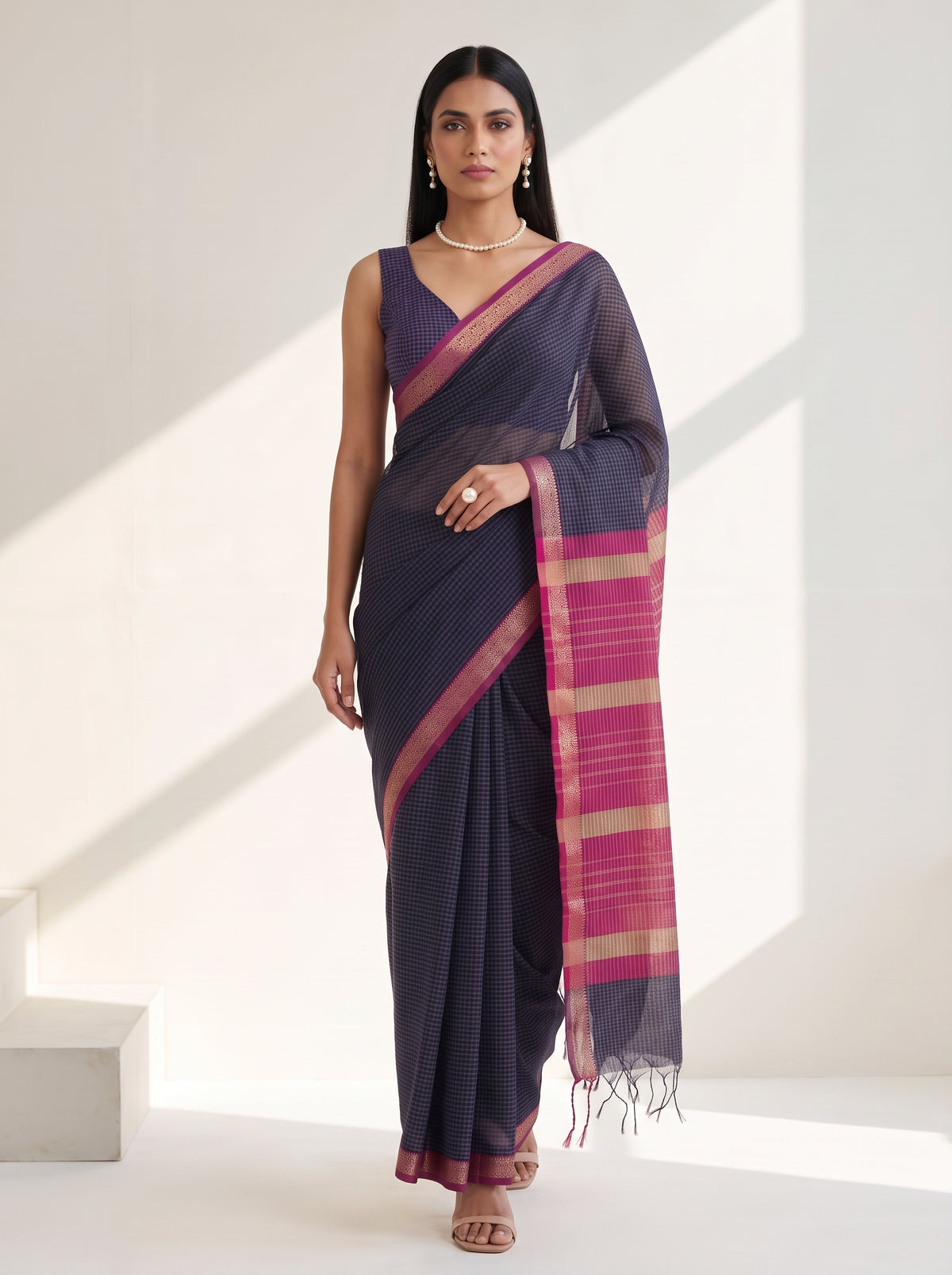 MIMOSA Jamun Maheshwari Cotton Cotton Saree — pose 6 styling detail