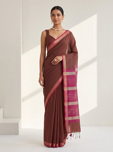 MIMOSA Orange Maheshwari Cotton Cotton Saree — AI Model lifestyle pose