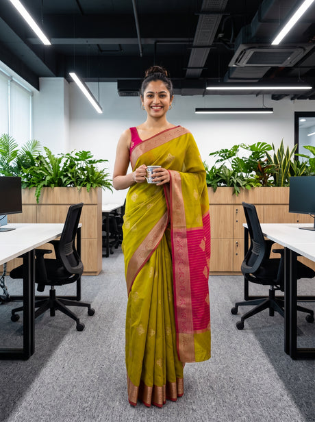 MIMOSA Gold Maheshwari Cotton Cotton Saree — AI model lifestyle pose 1
