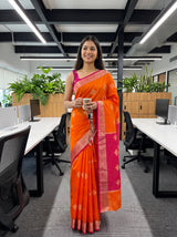 MIMOSA Orange Maheshwari Cotton Cotton Saree — AI model lifestyle pose 1