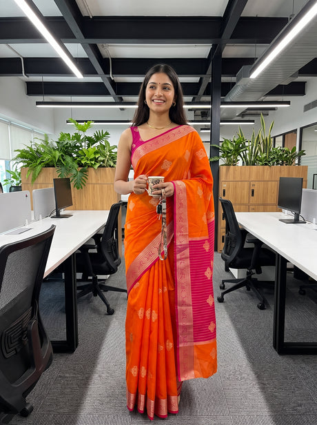 MIMOSA Orange Maheshwari Cotton Cotton Saree — AI model lifestyle pose 1