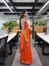 MIMOSA Orange Maheshwari Cotton Cotton Saree — pose 3 styling detail