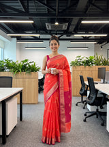 MIMOSA Peach Maheshwari Cotton Cotton Saree — AI model lifestyle pose 1
