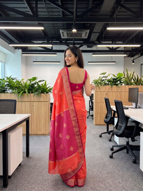 MIMOSA Peach Maheshwari Cotton Cotton Saree — pallu and body shot