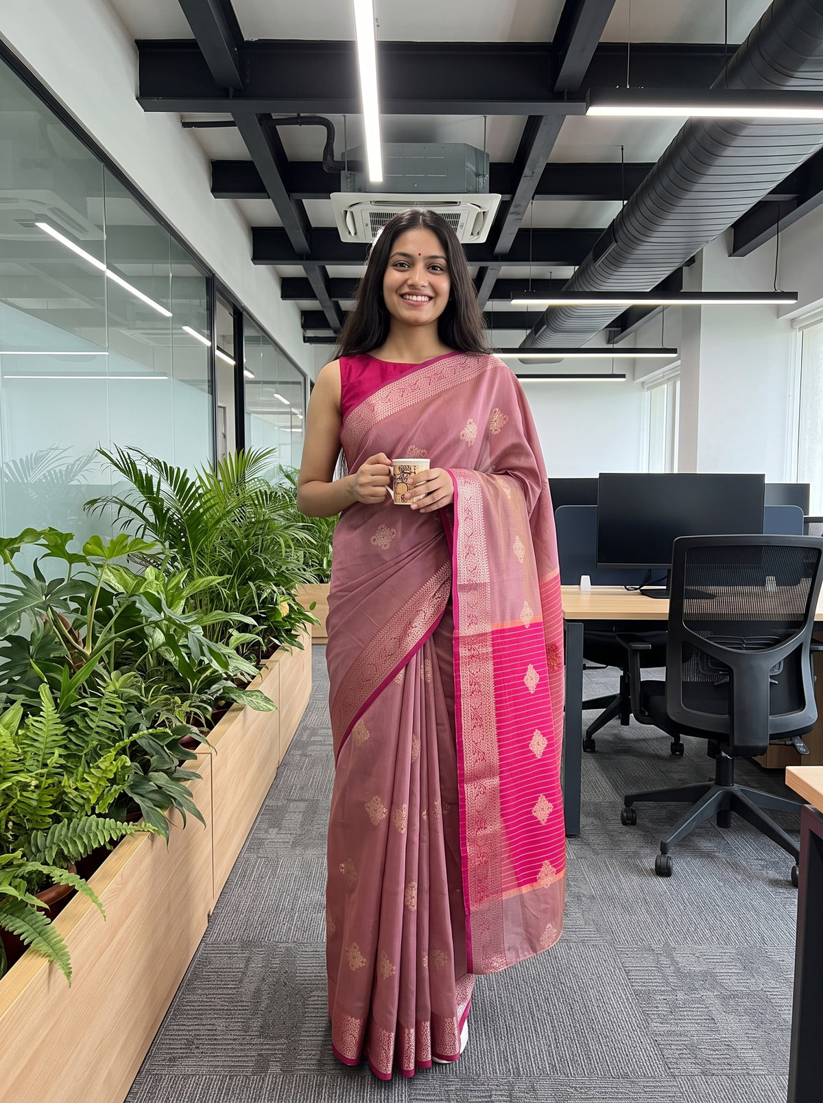 MIMOSA Pink Maheshwari Cotton Cotton Saree — AI model lifestyle pose 1
