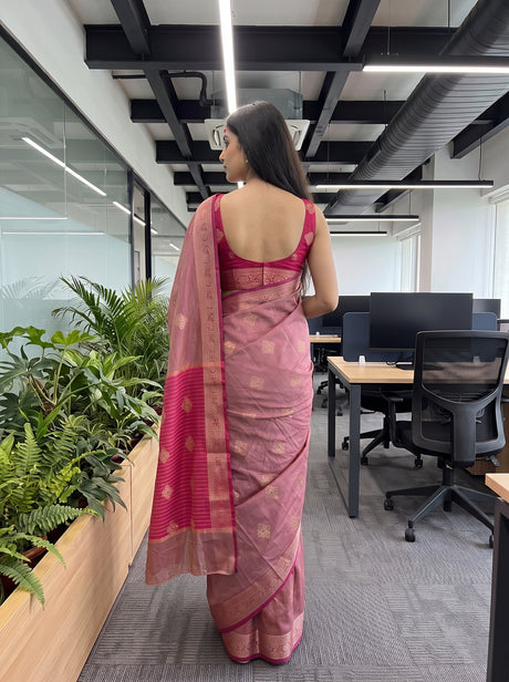 MIMOSA Pink Maheshwari Cotton Cotton Saree — pallu and body shot