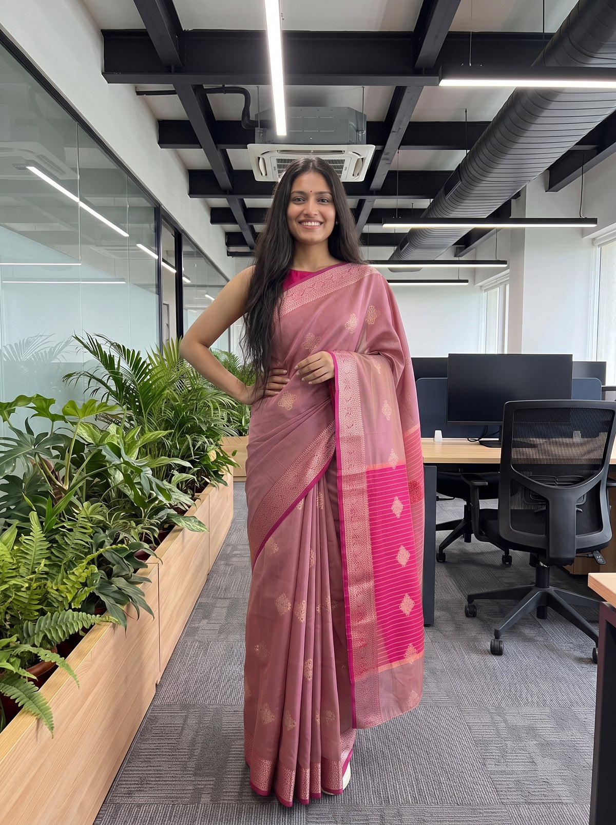 MIMOSA Pink Maheshwari Cotton Cotton Saree — pose 4 styling detail