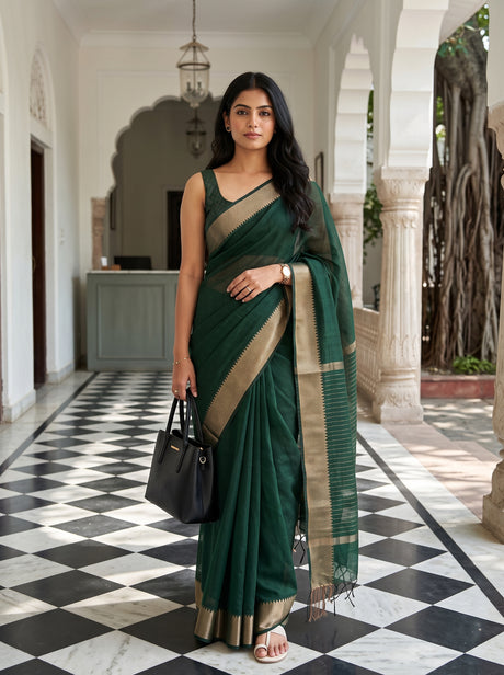 MIMOSA Bottle Green Maheshwari Cotton Cotton Saree — AI Model lifestyle pose
