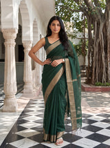 MIMOSA Bottle Green Maheshwari Cotton Saree — pose 4 styling detail