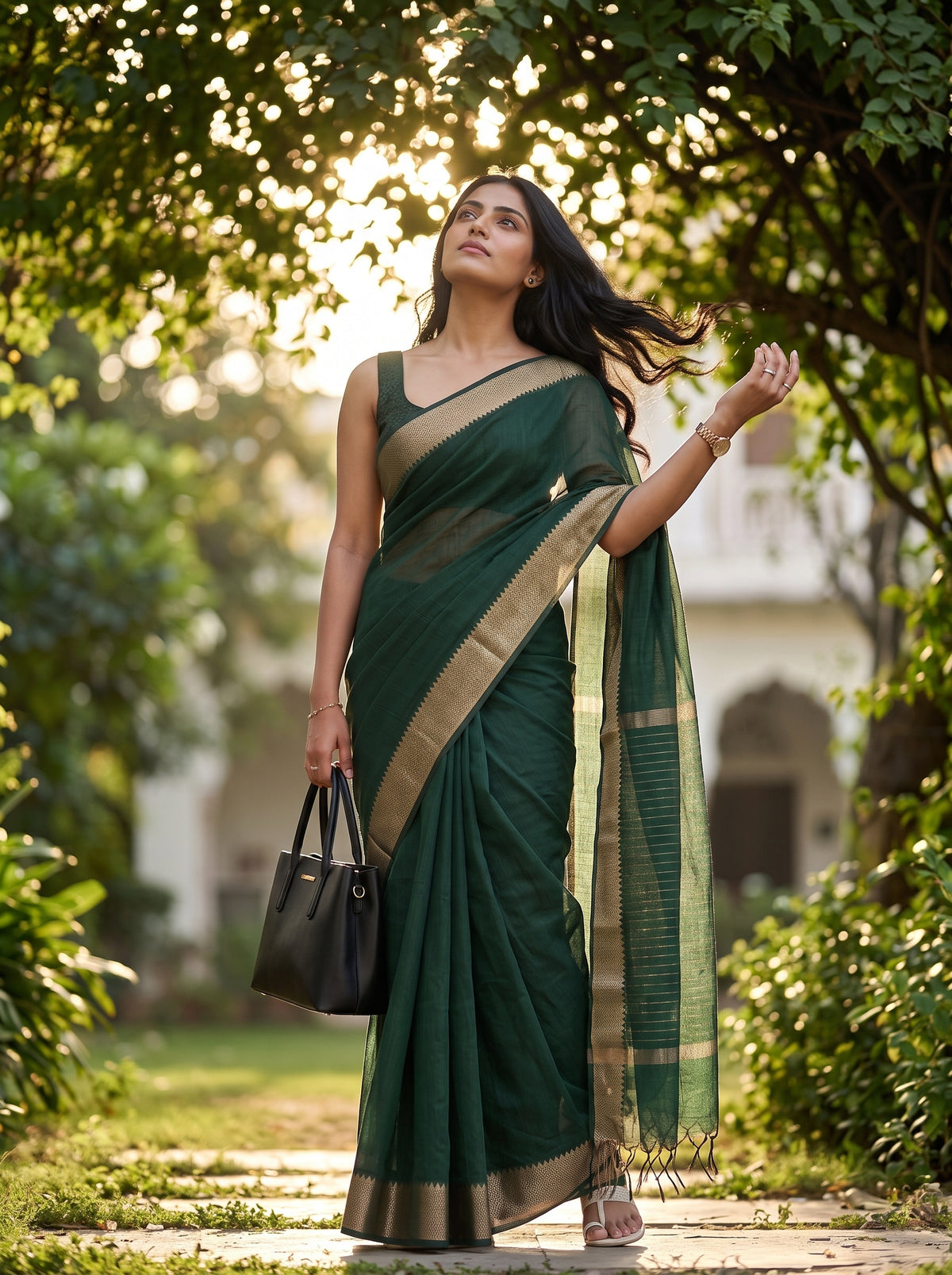 MIMOSA Bottle Green Maheshwari Cotton Saree — pose 5 styling detail