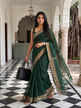 MIMOSA Bottle Green Maheshwari Cotton Saree — pose 6 styling detail