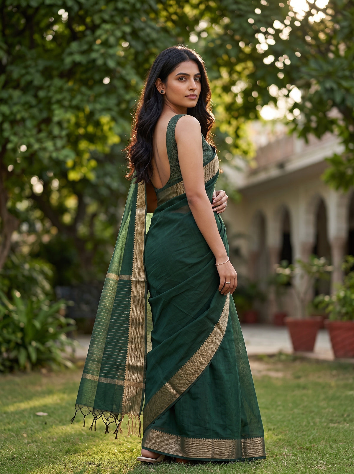 MIMOSA Bottle Green Maheshwari Cotton Saree — pose 7 styling detail