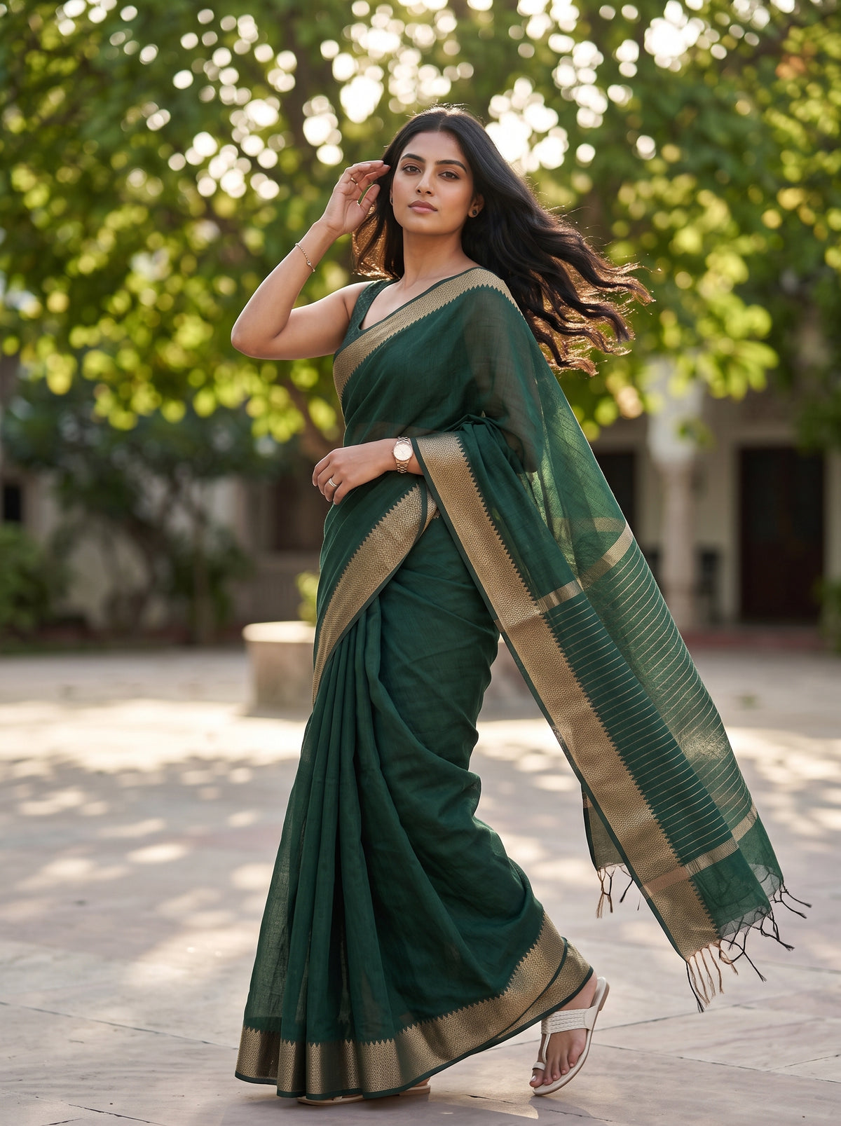 MIMOSA Bottle Green Maheshwari Cotton Saree — pose 9 styling detail