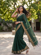 MIMOSA Bottle Green Maheshwari Cotton Saree — pose 9 styling detail