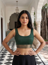 MIMOSA Bottle Green Maheshwari Cotton Saree — blouse close-up