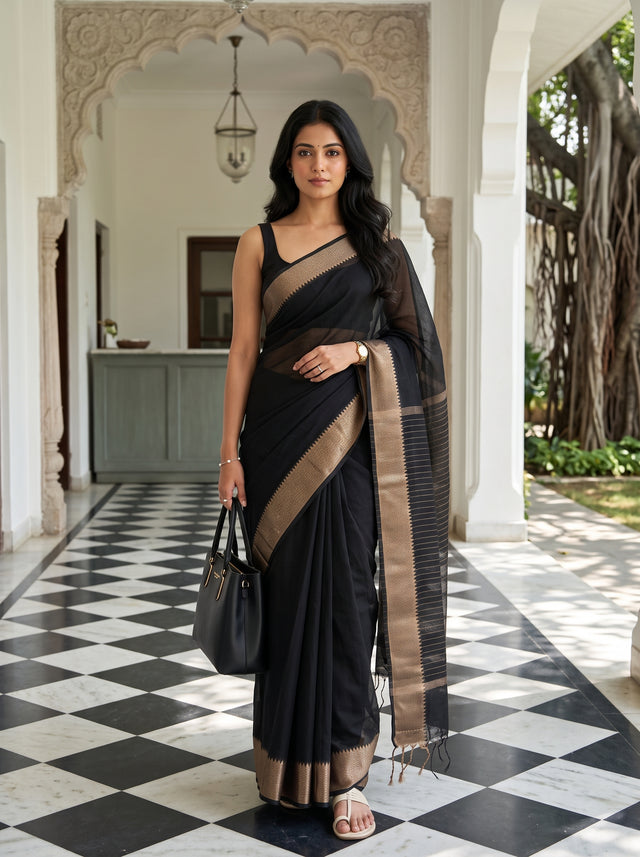 MIMOSA Black Maheshwari Cotton Cotton Saree — AI Model lifestyle pose