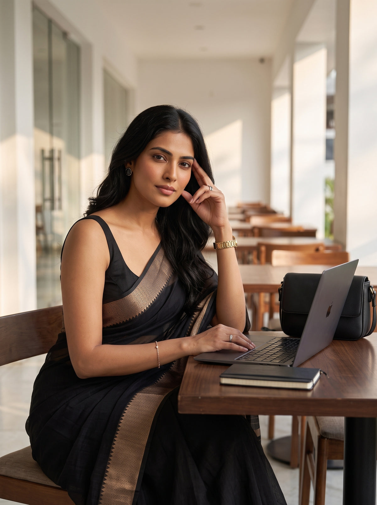 MIMOSA Black Maheshwari Cotton Saree — pose 10 styling detail