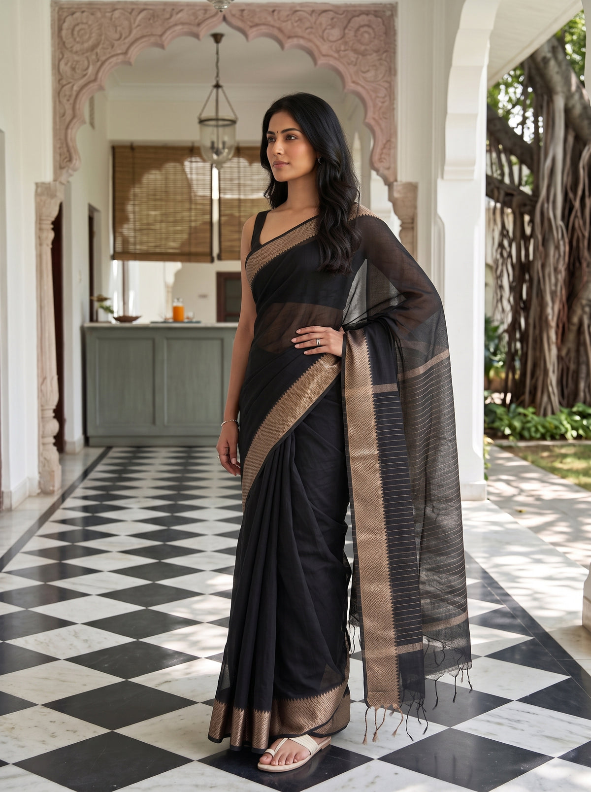 MIMOSA Black Maheshwari Cotton Saree — pose 4 styling detail