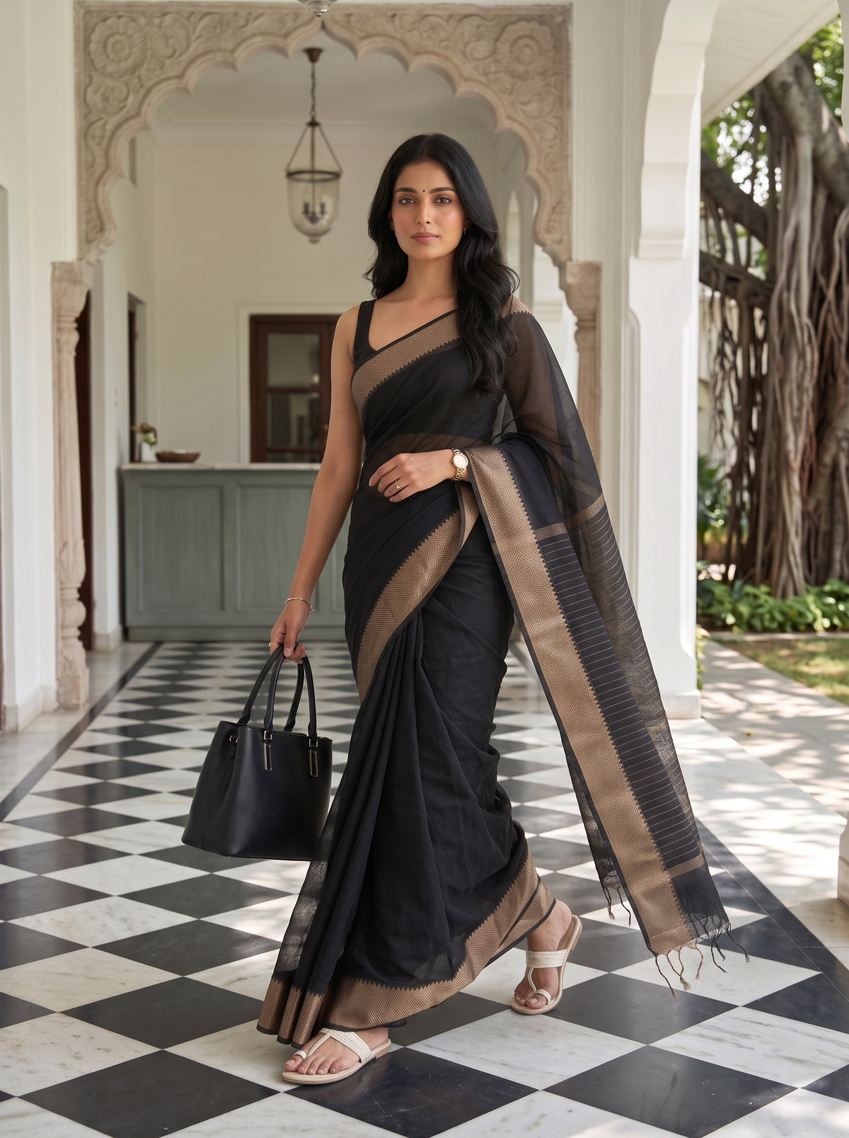 MIMOSA Black Maheshwari Cotton Saree — pose 6 styling detail