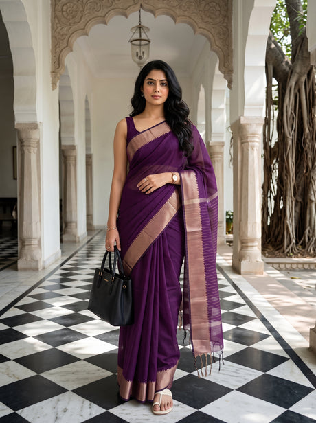 MIMOSA Magenta Maheshwari Cotton Cotton Saree — AI Model lifestyle pose