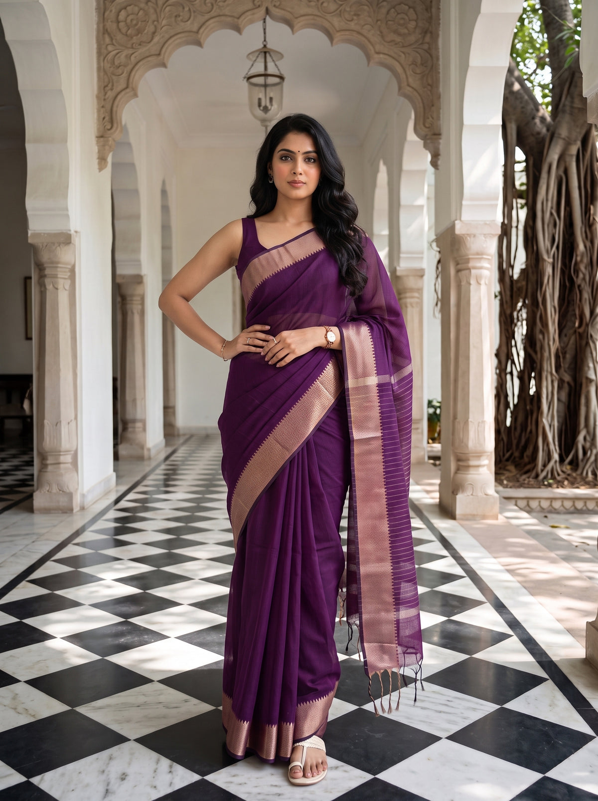 MIMOSA Magenta Maheshwari Cotton Saree — pose 4 styling detail