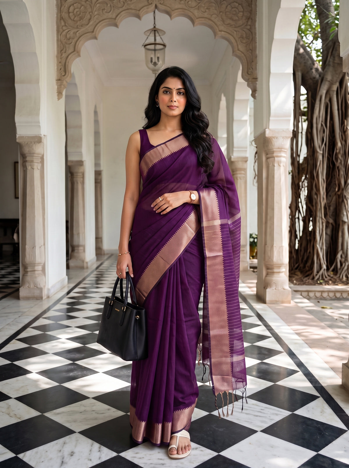 MIMOSA Magenta Maheshwari Cotton Saree — pose 6 styling detail