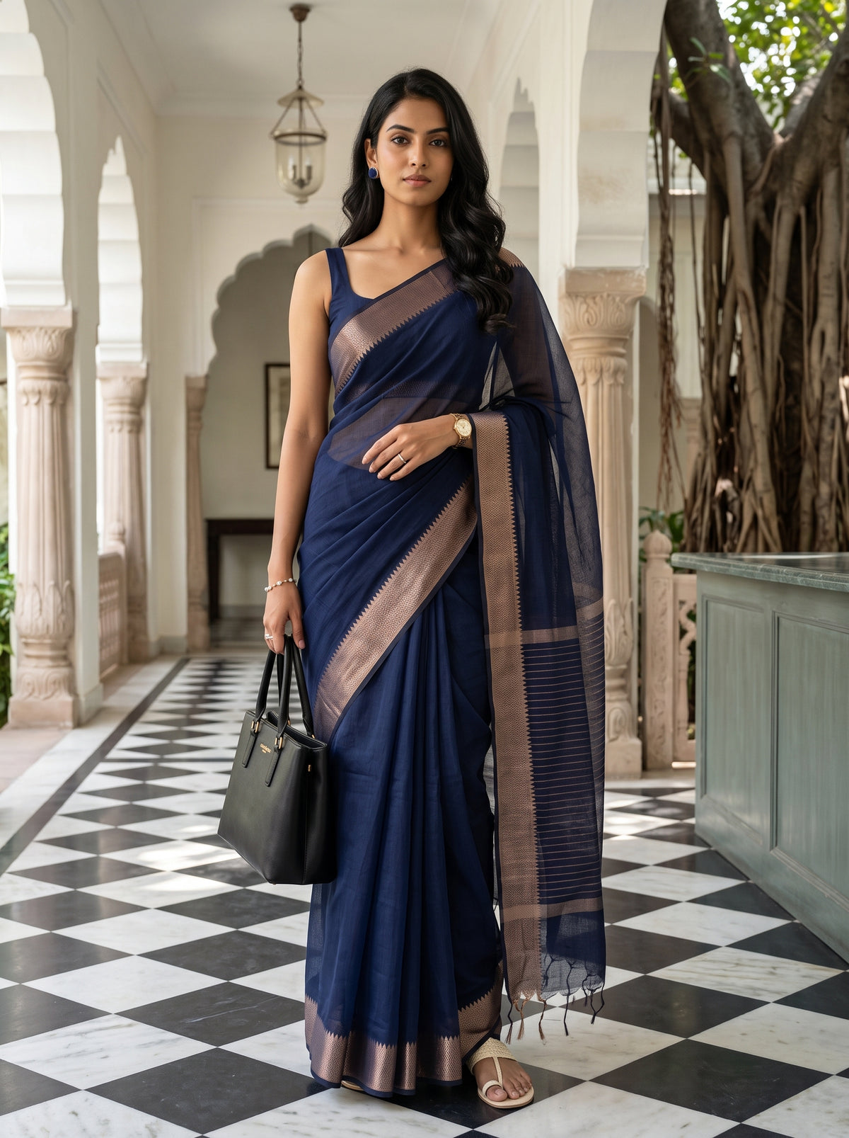 MIMOSA Navy Maheshwari Cotton Cotton Saree — AI Model lifestyle pose