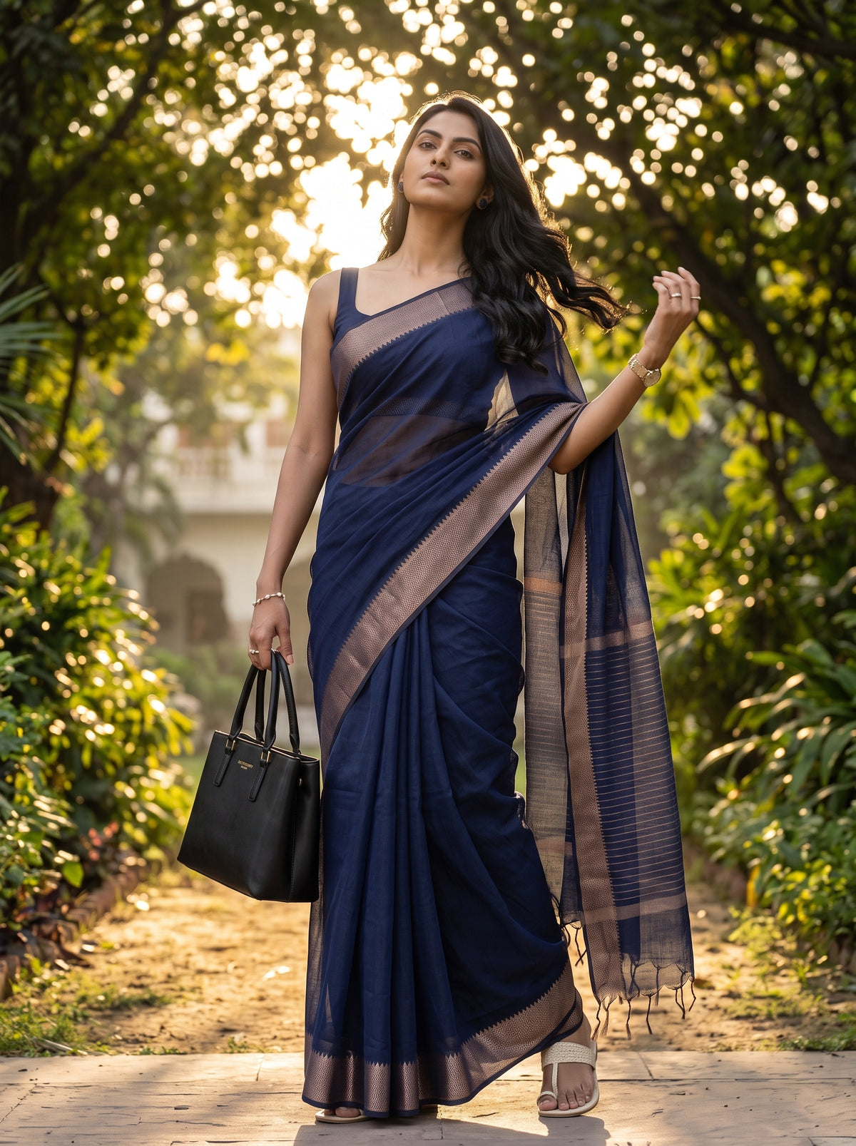 MIMOSA Navy Maheshwari Cotton Saree — pose 5 styling detail