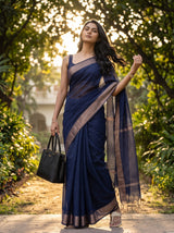 MIMOSA Navy Maheshwari Cotton Saree — pose 5 styling detail