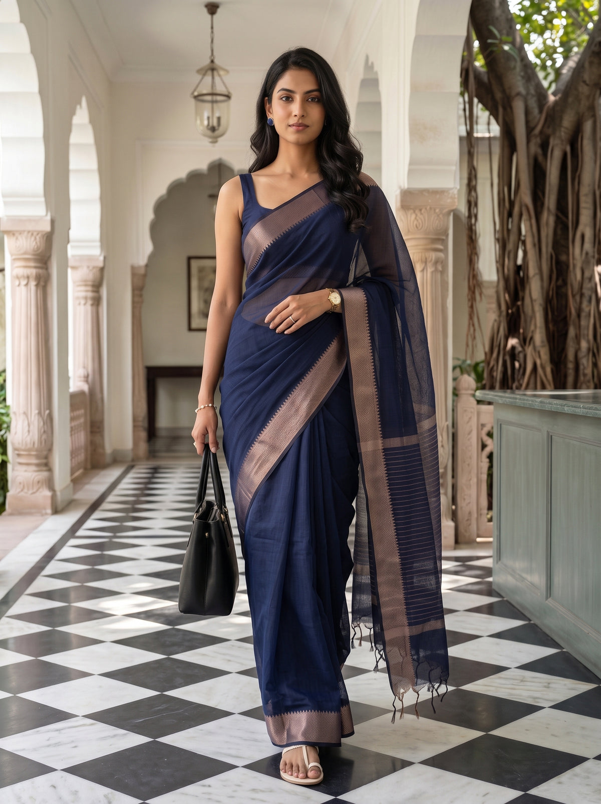 MIMOSA Navy Maheshwari Cotton Saree — pose 6 styling detail