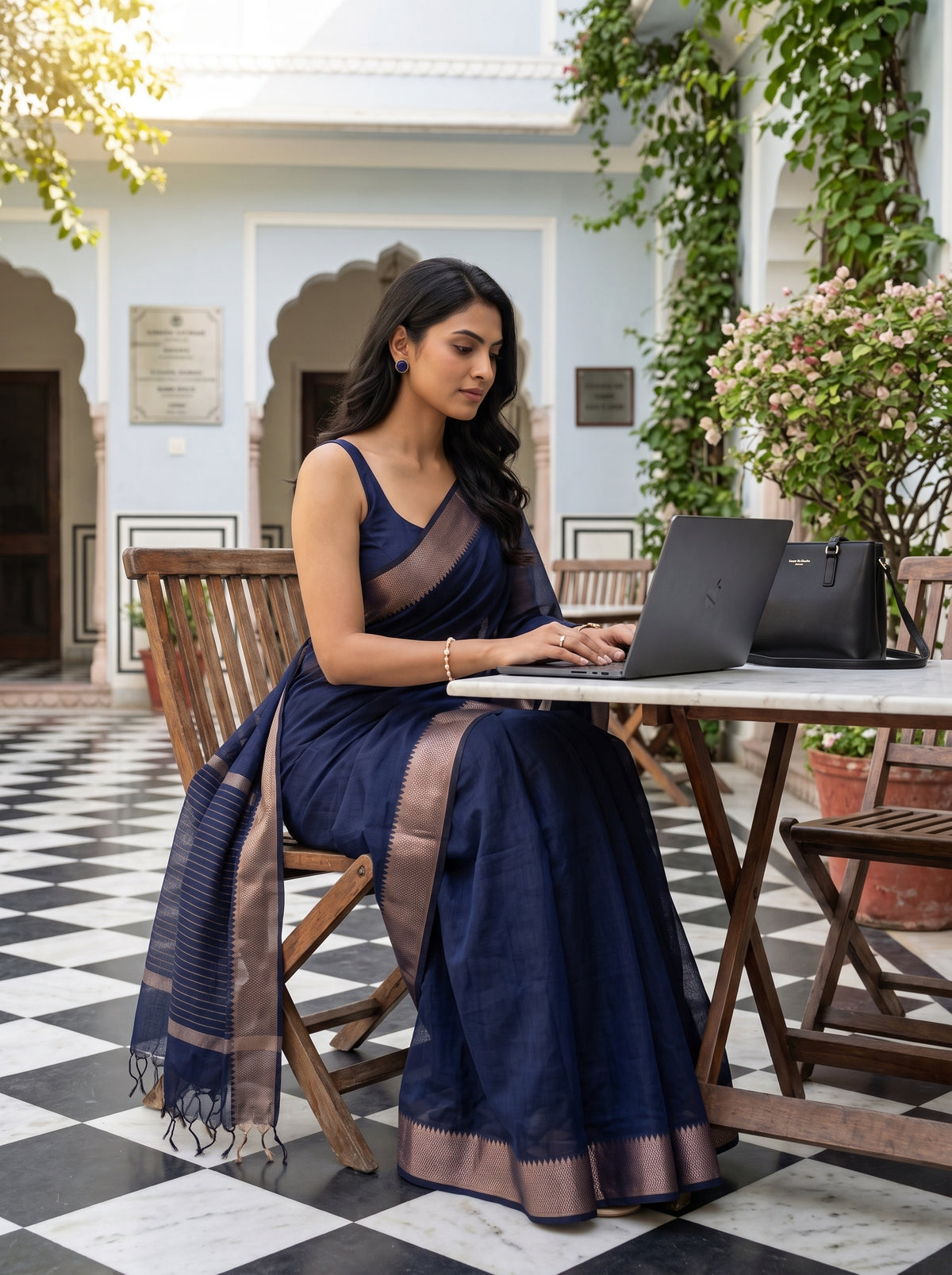 MIMOSA Navy Maheshwari Cotton Saree — pose 8 styling detail