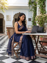 MIMOSA Navy Maheshwari Cotton Saree — pose 8 styling detail