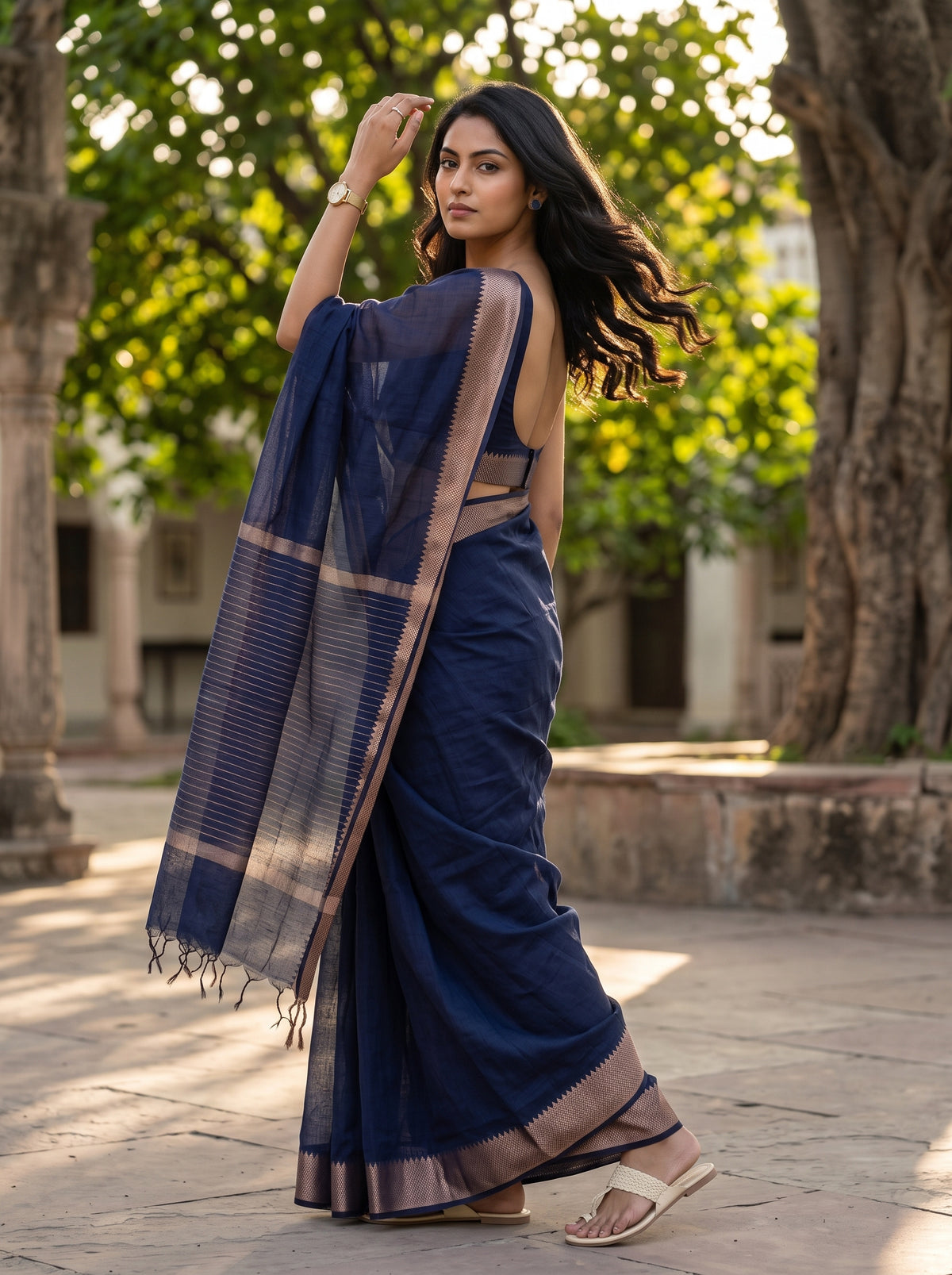 MIMOSA Navy Maheshwari Cotton Saree — pose 9 styling detail