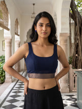MIMOSA Navy Maheshwari Cotton Saree — blouse close-up