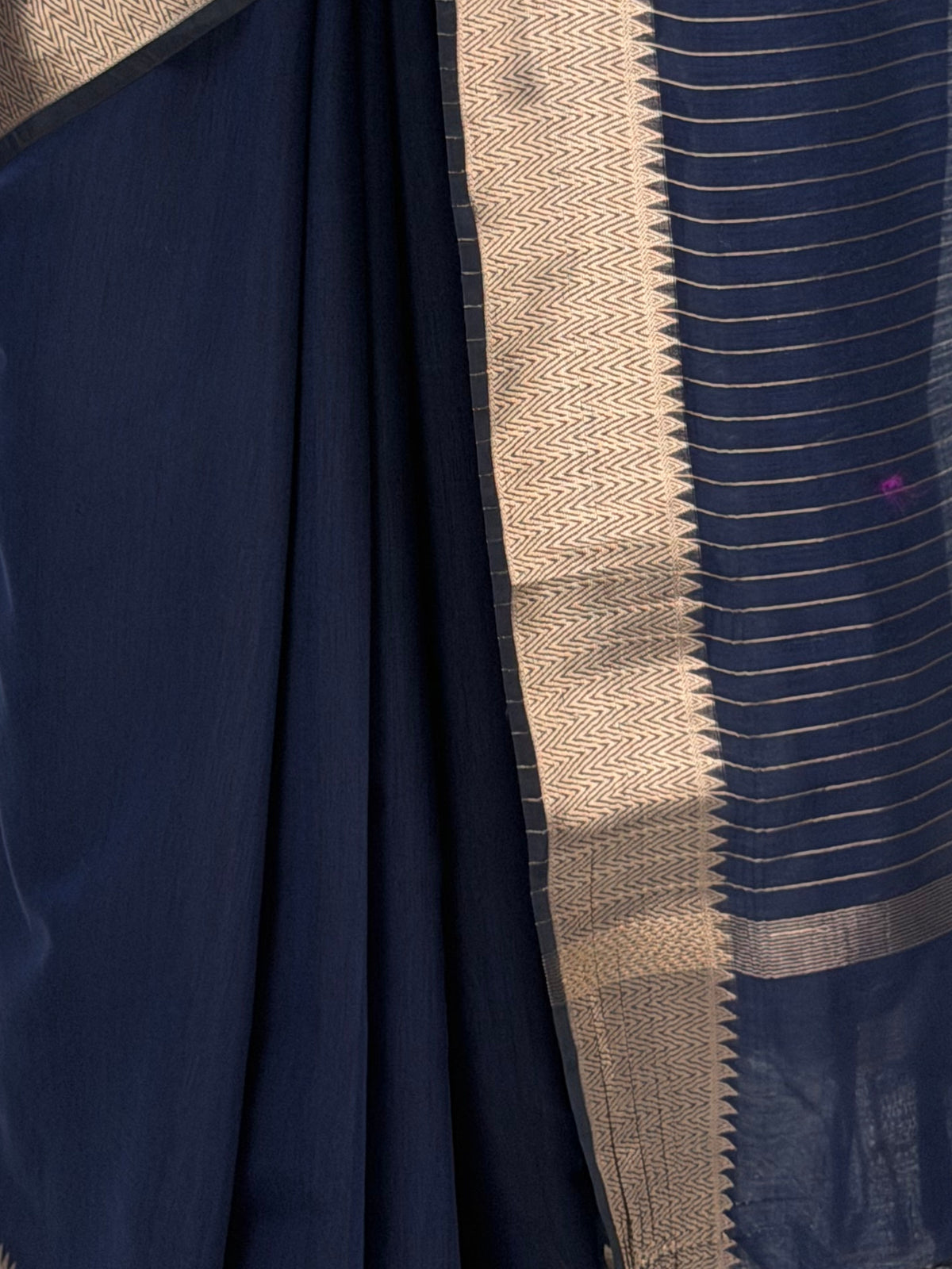 MIMOSA Navy Maheshwari Cotton Saree — fleets shot full lifestyle