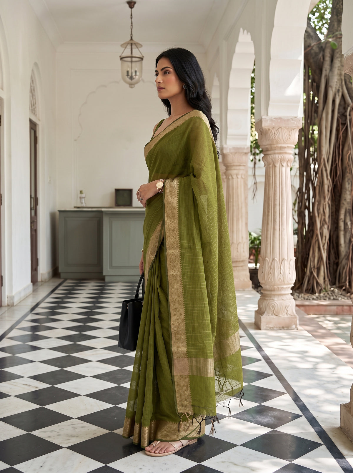 MIMOSA Olive Maheshwari Cotton Saree — pose 3 styling detail