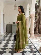 MIMOSA Olive Maheshwari Cotton Saree — pose 3 styling detail