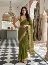 MIMOSA Olive Maheshwari Cotton Saree — pose 4 styling detail