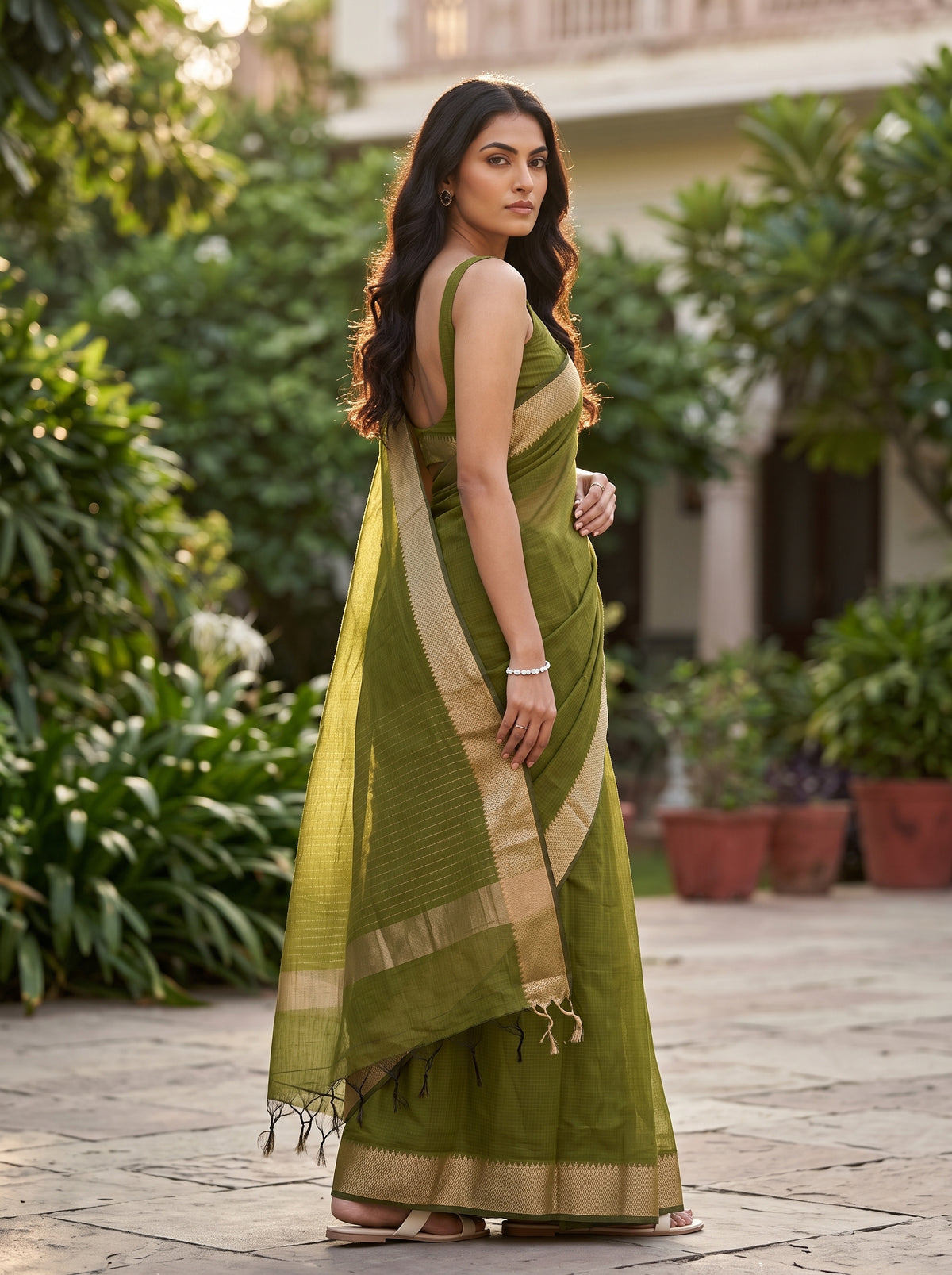 MIMOSA Olive Maheshwari Cotton Saree — pose 7 styling detail