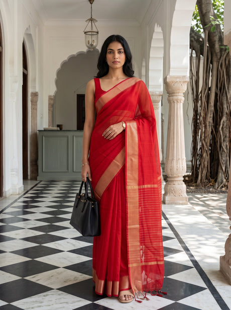 MIMOSA Red Maheshwari Cotton Cotton Saree — AI Model lifestyle pose