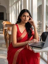 MIMOSA Red Maheshwari Cotton Saree — pose 10 styling detail