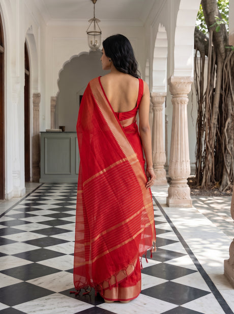 MIMOSA Red Maheshwari Cotton Cotton Saree — Saree shot pallu body