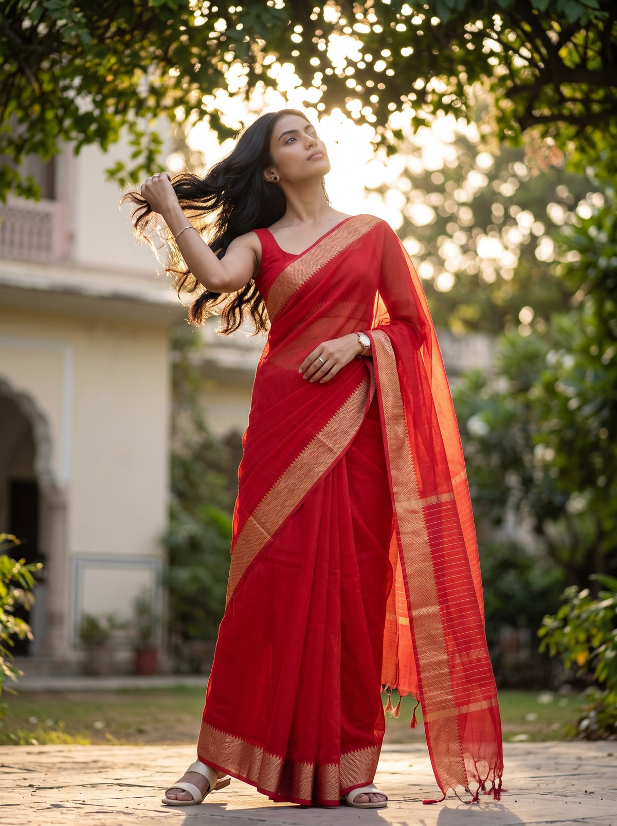 MIMOSA Red Maheshwari Cotton Saree — pose 5 styling detail
