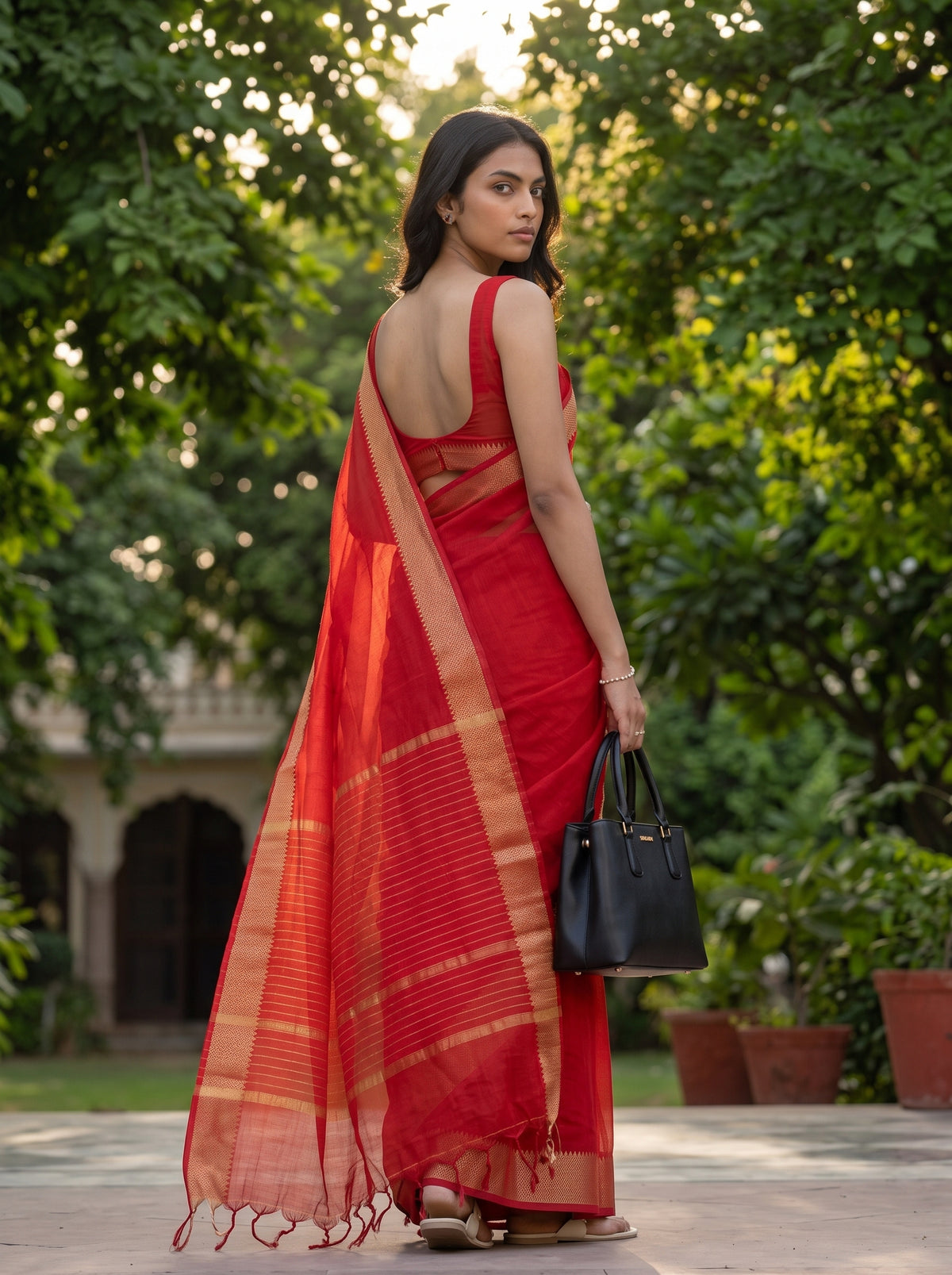 MIMOSA Red Maheshwari Cotton Saree — pose 7 styling detail