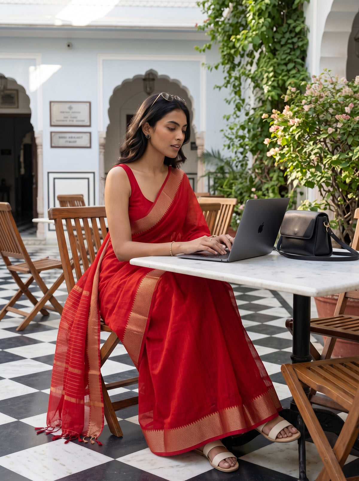 MIMOSA Red Maheshwari Cotton Saree — pose 8 styling detail