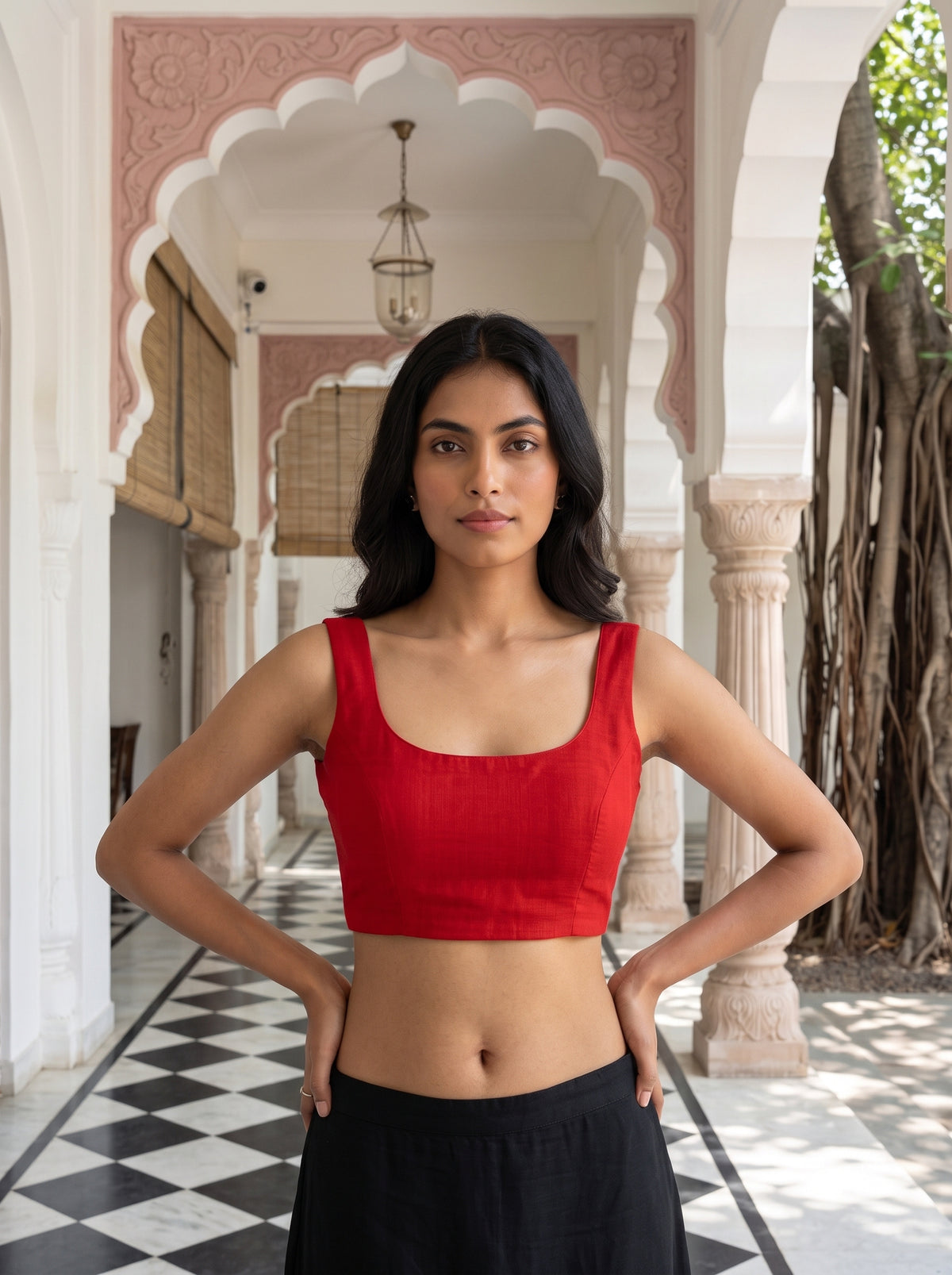 MIMOSA Red Maheshwari Cotton Saree — blouse close-up