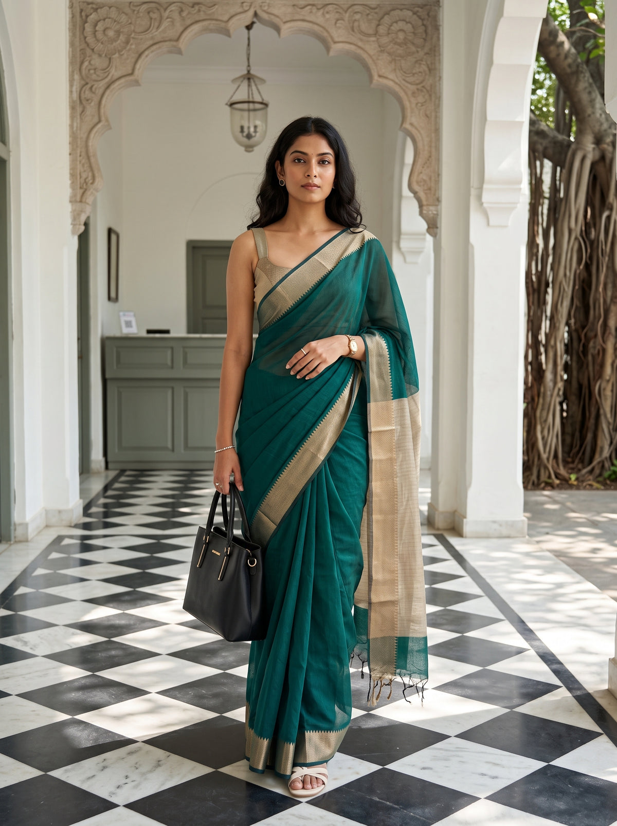 MIMOSA Rama Maheshwari Cotton Cotton Saree — AI Model lifestyle pose