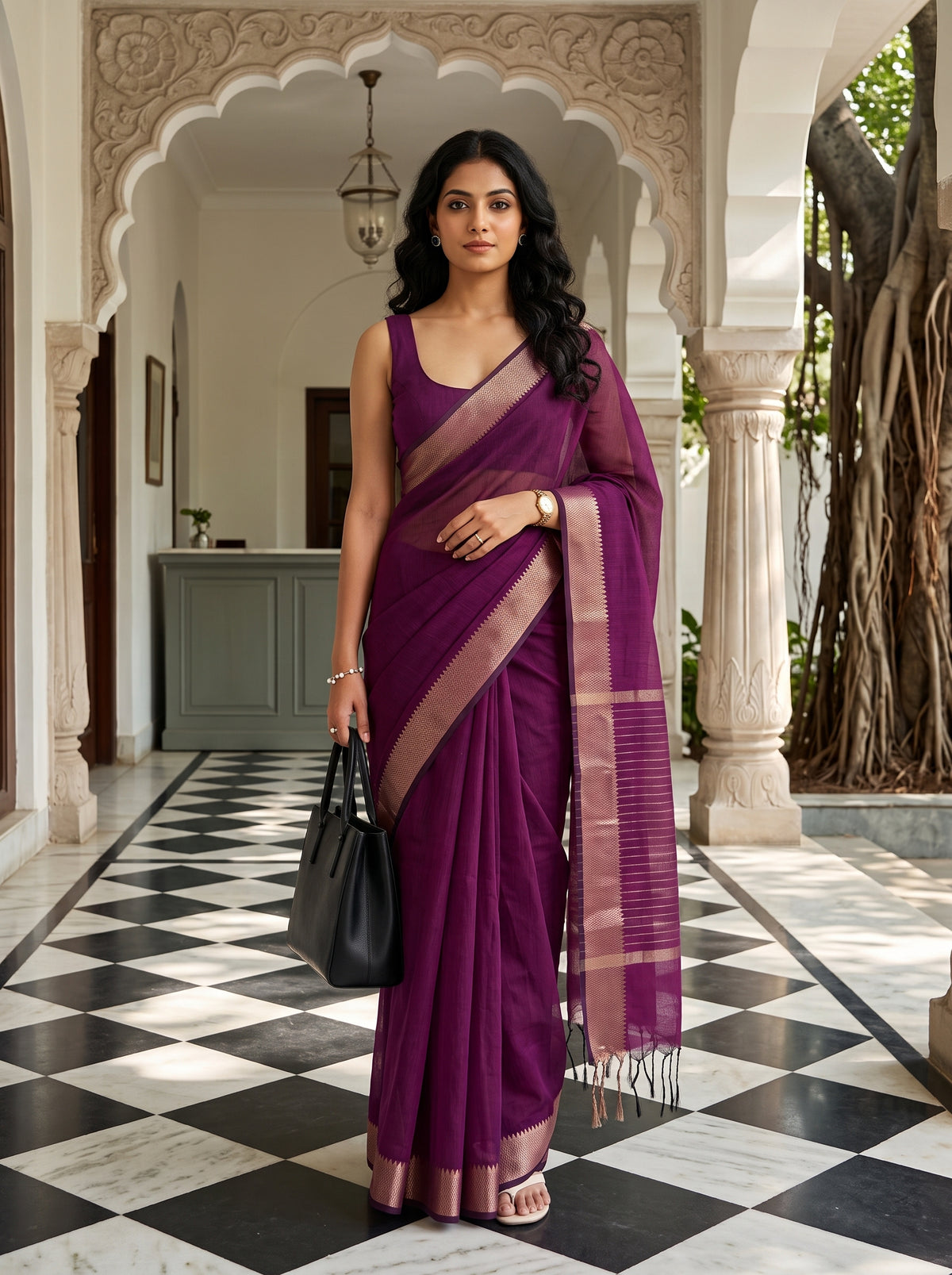 MIMOSA Rani Maheshwari Cotton Cotton Saree — AI Model lifestyle pose