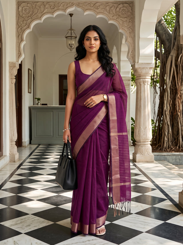 MIMOSA Rani Maheshwari Cotton Cotton Saree — AI Model lifestyle pose