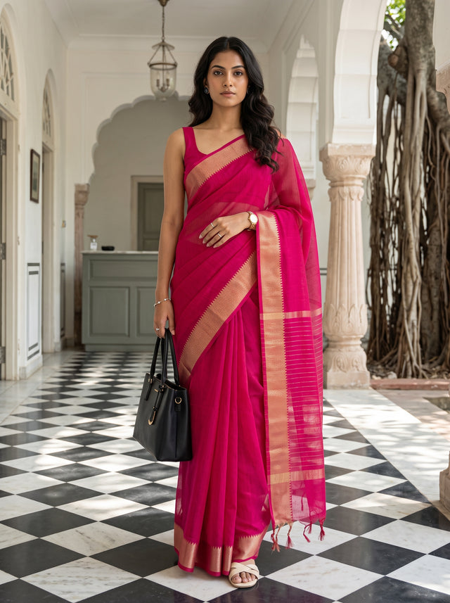 MIMOSA Strawberry Maheshwari Cotton Cotton Saree — AI Model lifestyle pose